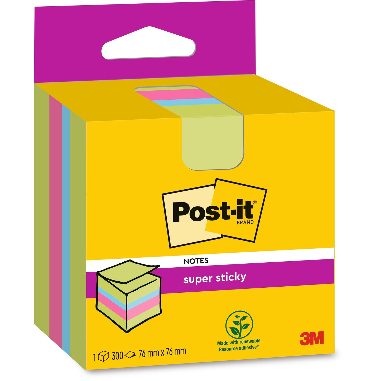 Egy csomag Post-it® Super Sticky Notes kocka a 3M Deutschland GmbH-tól, 300 cetli négy színben, 76 mm x 76 mm, egy sárga-rózsaszín dobozon a 100% PEFC jellel és a megújuló nyersanyagok szimbólumával.