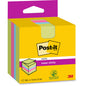Eine Packung Post-it® Super Sticky Notes Würfel von 3M Deutschland GmbH, 300 Zettel in vier Farben, 76 mm x 76 mm, auf einer gelb-rosa Schachtel mit dem 100% PEFC-Zeichen und dem Symbol für nachwachsende Rohstoffe.