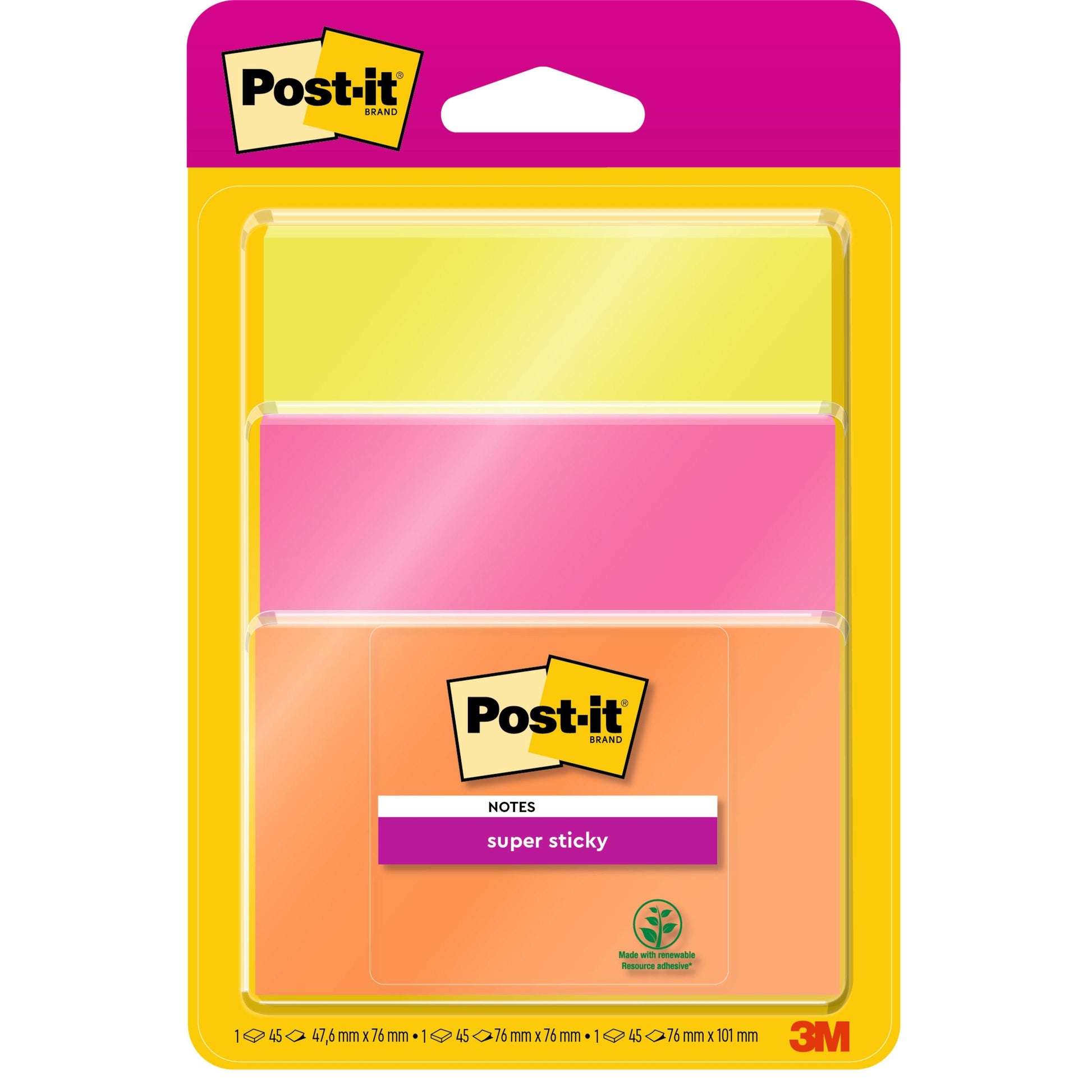 Eine Packung Post-it® Super Sticky Notes von 3M Deutschland GmbH, mit 3 Blöcken (76mm x 76mm, je 45 Blatt) in verschiedenen Farben und Größen. Hergestellt aus 100% PEFC-zertifiziertem Papier, SGSCH-PEFC-COC-110078.