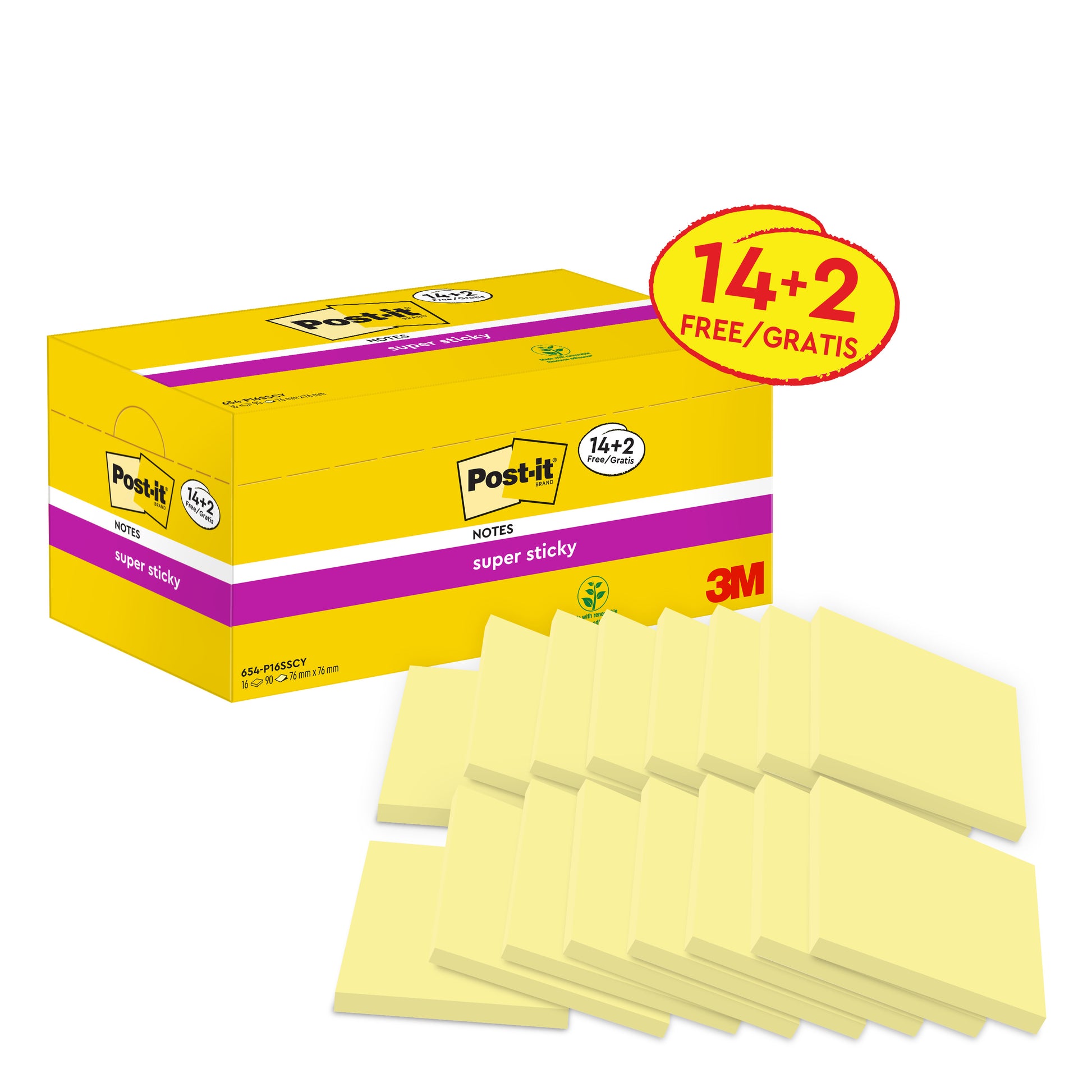 Abgebildet ist eine gelbe Schachtel 3M Post-it® Super Sticky Notes, Gelb, 76x76mm, 14 Blöcke + 2 Gratis (Promotion), mit 16 einzelnen Notizblöcken, die vor der Schachtel aufgefächert sind. Marke: 3M Deutschland GmbH.