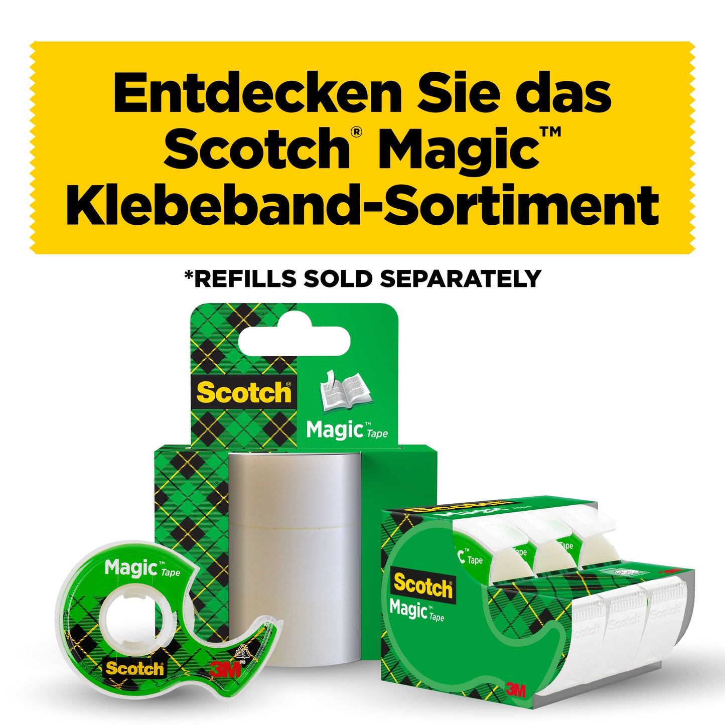 Abgebildet ist das 3M Scotch® Magic™ Unsichtbares Klebeband als Nachfüllpackung (1 Rolle, 19 mm x 25 m) von 3M Deutschland GmbH. Oben steht: "Entdecken Sie das Scotch Magic Klebeband-Sortiment".