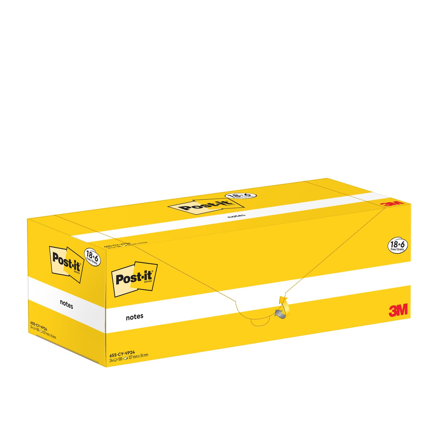 Eine gelbe rechteckige Schachtel Post-it® Notes (3M Deutschland GmbH), 76x127mm, 100 Blatt/Block, 18 Blöcke + 6 gratis pro Packung, in einem Karton. Ideale gelbe Notizzettel zum Organisieren-100% PEFC zertifiziert (SGSCH-PEFC-COC-110078).