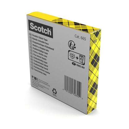 Egy doboz Scotch® kétoldalas ragasztószalag, 1 tekercs (19 mm x 33 m) a 3M Deutschland GmbH-tól sárga-fekete kockás mintát, többnyelvű termékinformációkat és újrahasznosítási szimbólumokat mutat - ideális kézműves igényekhez.