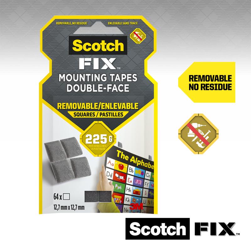 Scotch-FIX™ Eltávolítható Rögzítő Négyzetek 108-ST64-P a 3M Deutschland GmbH-tól: 64 darab (12,7 mm x 12,7 mm), legfeljebb 225 g-ot tartanak, ideális ideiglenes rögzítéshez és maradványmentesen eltávolítható.