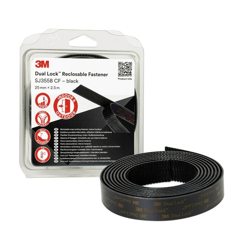 3M™ Dual Lock™ rugalmas pattintható rögzítő SJ355B, fekete, 25 mm x 2,5 m, 5,7 mm, 40 fej/cm², külön csomagolva | Csomag (1 tekercs)