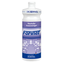 Eine weiße Flasche Dr. Schnell FORINET Fahrzeuginnenreiniger der DR.SCHNELL GmbH & Co. KGaA, mit blau-weißem Etikett, das einen Innenraum zeigt, ideal für die Reinigung von Autoinnenräumen und die Entfernung von hartnäckigem Schmutz.