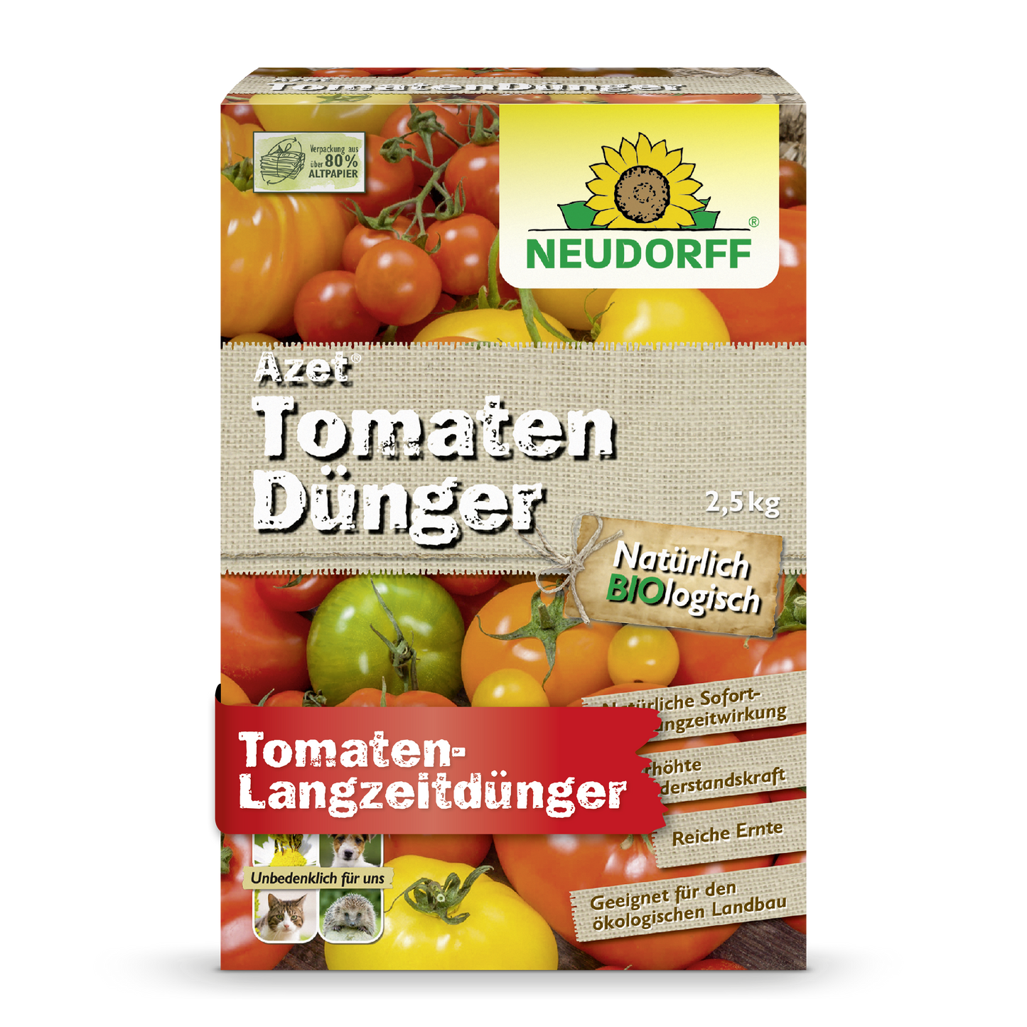 Eine Schachtel Neudorff Shop Azet TomatenDünger, 2,5 kg, mit Tomatenbildern auf der Verpackung hebt die biologische Formel hervor, die ideal für die Tomatendüngung ist und eine reiche Ernte für den ökologischen Anbau verspricht.