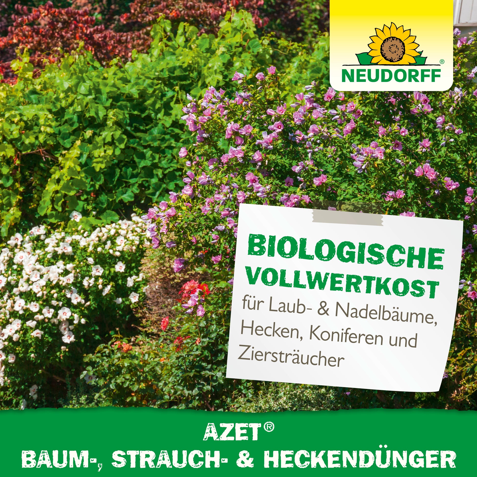 Ein lebendiger Garten mit grünen, blühenden Sträuchern und einem Schild mit der Aufschrift "Biologische Vollwertkost" und "Azet Baum-, Strauch- & HeckenDünger". In der oberen rechten Ecke ist das Logo des Neudorff Shops zu sehen.