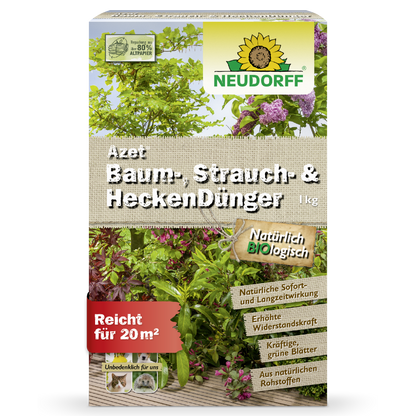 Azet Baum-, Strauch- & HeckenDünger (1kg) von Neudorff Shop, mit Abbildungen von grün- und rotblättrigen Gehölzen und übersichtlicher Produktinformation auf der Vorderseite - perfekt für Gartenfreunde.
