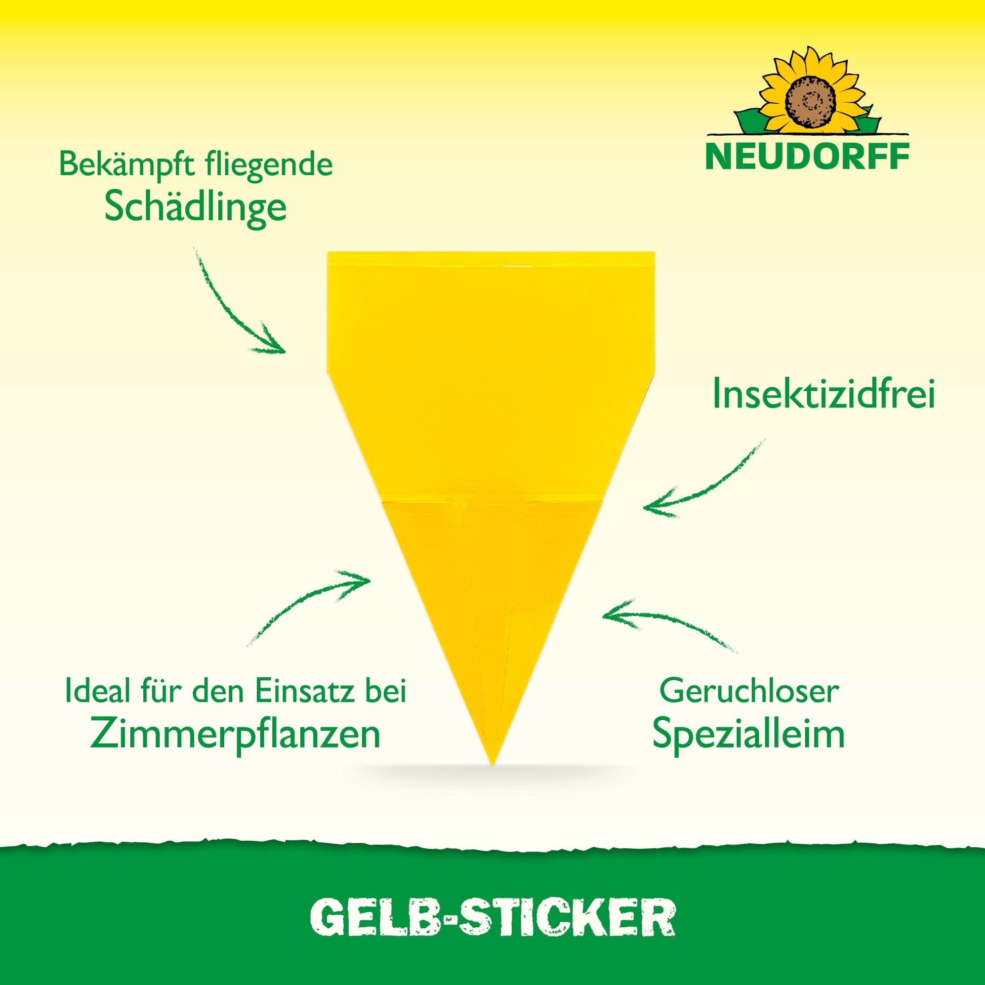 A Neudorff Shop sárga, háromszög alakú sárga matricája, rovarölőmentes és szagtalan, hatékonyan küzd a repülő kártevők, például a gyászszúnyogok ellen szobanövényeken. Felül látható a Neudorff logó.