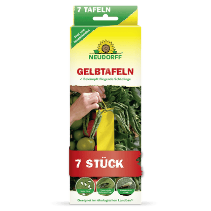Egy téglalap alakú sárga-zöld doboz a "Neudorff Shop Gelbtafeln (kis méretű)" felirattal, és egy kép sárga ragacsos csapdákról paradicsomnövények között. Harcol a repülő kártevők ellen, mint például a gombalegyek és a liszteskék. 7 darabot tartalmaz.