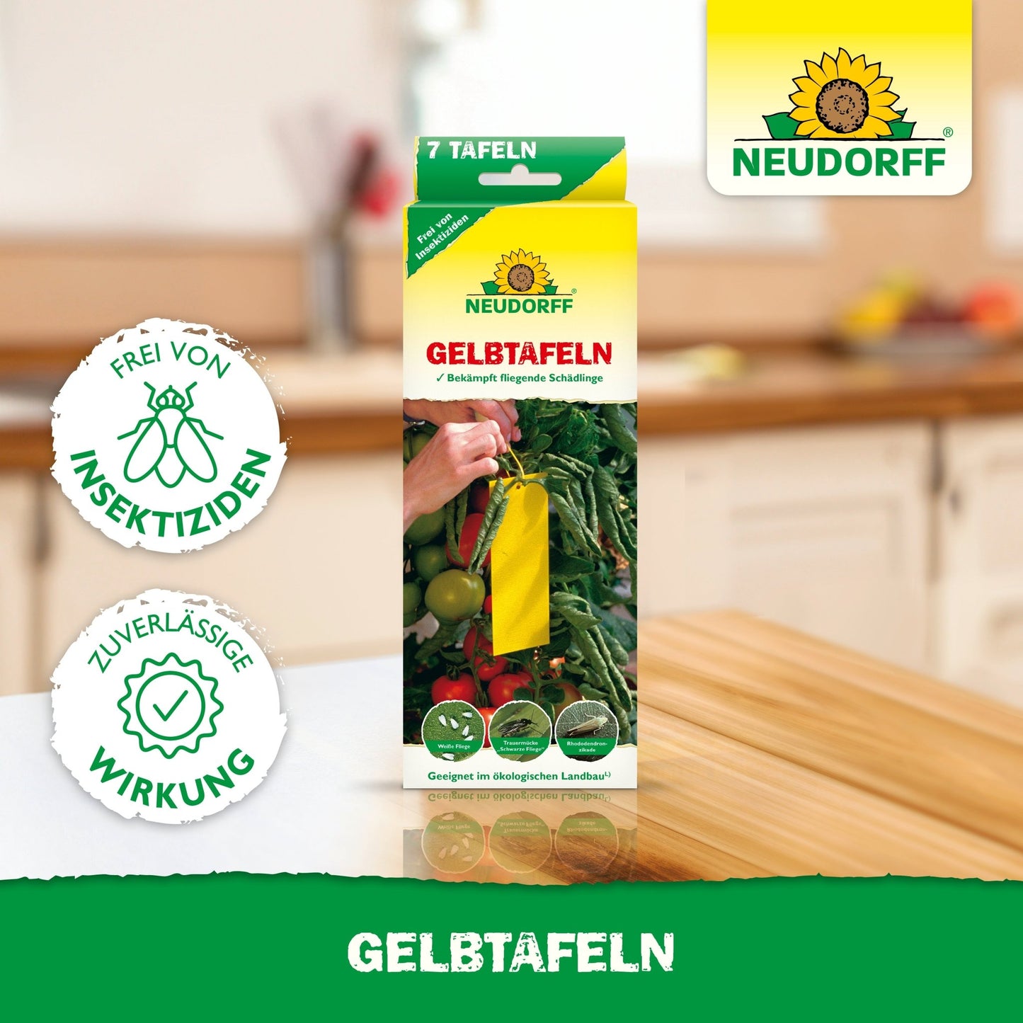Egy konyhaasztalon áll egy Neudorff Shop Gelbtafeln (kis méretű) doboz sárga ragacsos csapdákkal növényekhez, és a "rovarirtó mentes" felirat, megbízható hatással a kártevők, mint a liszteskék ellen.