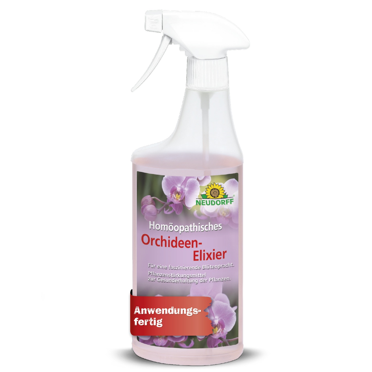 Eine weiße Sprühflasche mit Drückeraufsatz mit der Aufschrift "Homöopathisches Orchideen-Elixier" für die Orchideenpflege ist mit rosafarbenen Orchideen und dem Schriftzug des Neudorff-Shops über dem Etikett versehen, der das Produkt als Pflanzenpflegeprodukt ausweist.