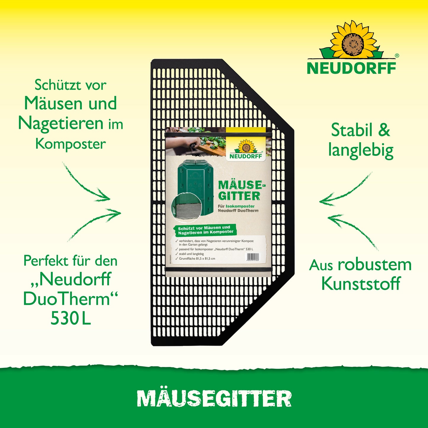 Abgebildet ist ein rechteckiges, schwarzes Kunststoffgitter, "Mäusegitter" von Neudorff Shop. Es schützt vor Nagetieren, passt zum Neudorff DuoTherm Thermokomposter und verfügt über ein langlebiges Bodengitter aus stabilem Kunststoff.