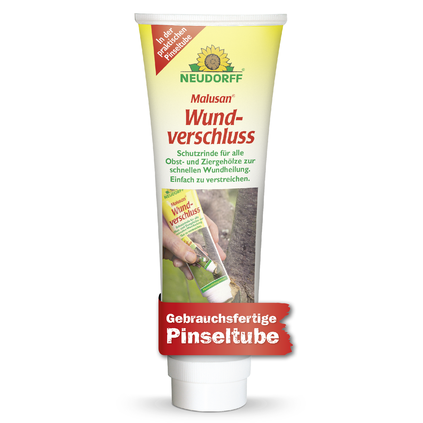 Eine Tube Neudorff Shop Malusan Wundverschluss, ideal zum Verschließen von Wunden nach dem Baumschnitt, abgebildet mit einem Brandzeichen, einer Beschreibung und dem Bild einer Person, die ihn auf einen Baumstamm aufträgt.