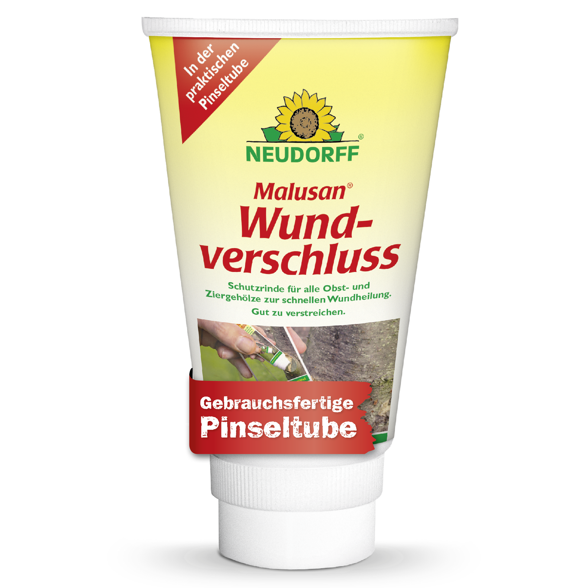 Eine weiße Tube Neudorff Shop Malusan Wundverschluss, ein Wundverschlussmittel für Schnittwunden an verholzten Pflanzen, ist mit deutschem Text, Abbildungen von Baumrinde und Pinsel, gelben und roten Etiketten und einem Sonnenblumenlogo am oberen Rand versehen.