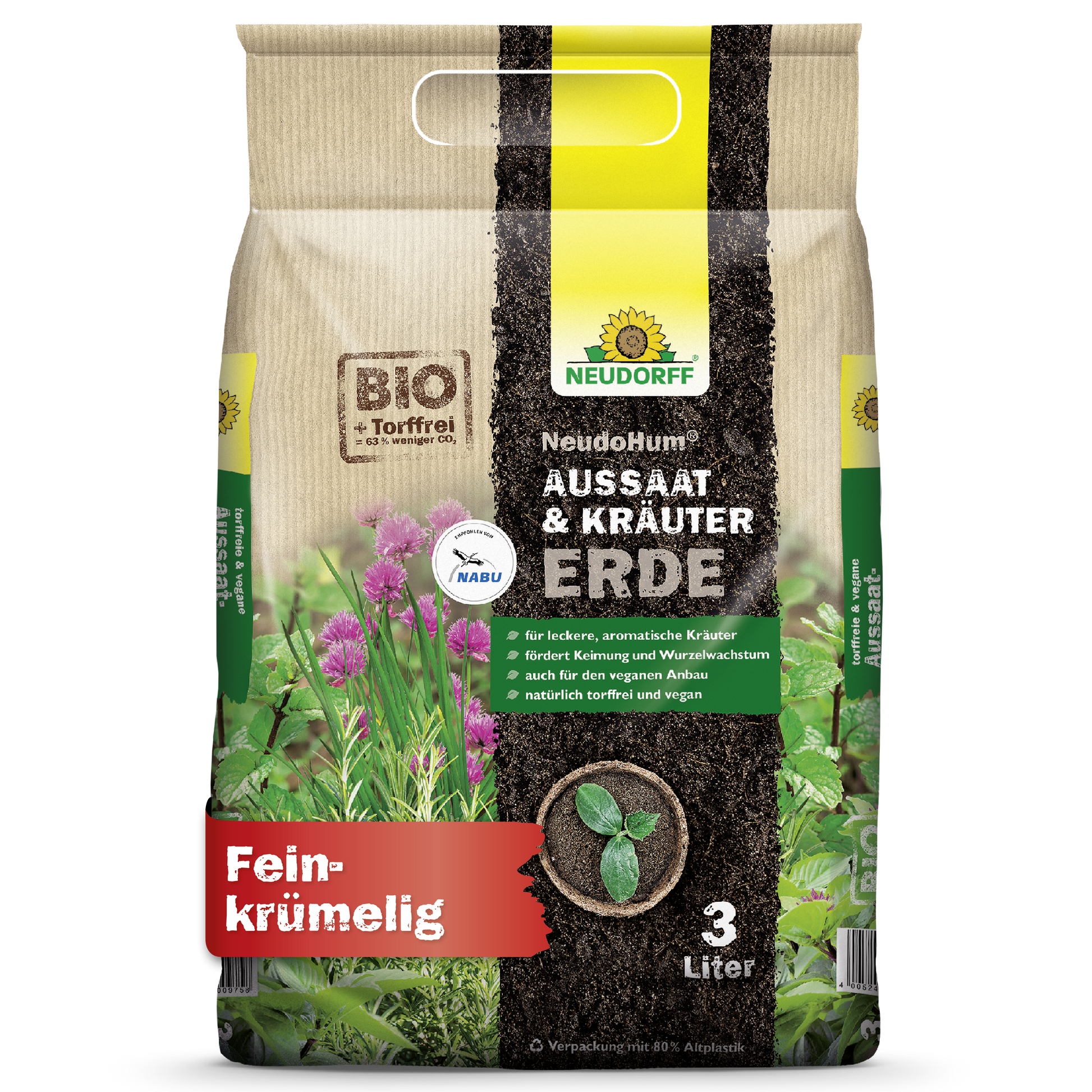 Ein 3-Liter-Beutel Neudorff Shop NeudoHum Aussaat- & KräuterErde für Aussaat und Kräuter, in grüner, erdiger Verpackung mit Abbildungen von mediterranen Kräutern, mit deutschem Text, der darauf hinweist, dass es biologisch, torffrei und vegan ist.