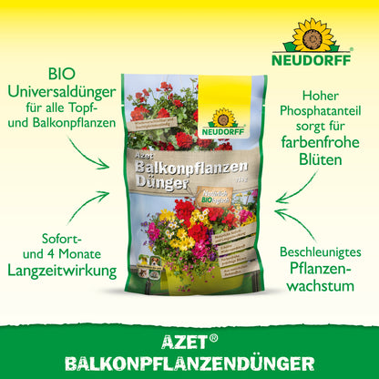 Neudorff Shop Azet BalkonpflanzenDünger ist ideal für Sommerblumen in Balkonkästen und enthält hochwertige organische Volldünger für kräftiges Wachstum und leuchtende Blüten.