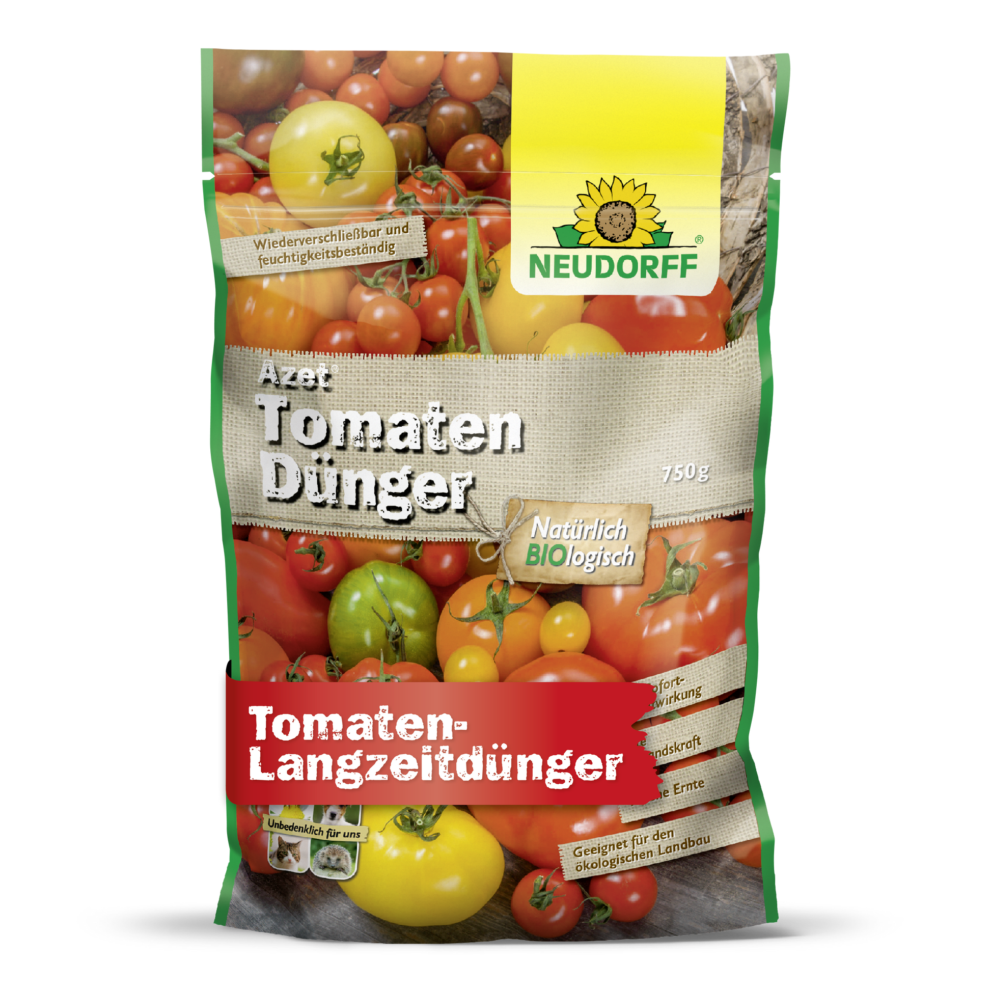 Der 750g-Beutel Azet TomatenDünger von Neudorff Shop ist mit Tomatenmotiven und einem gelben Sonnenblumen-Logo versehen. Dieser organische Volldünger liefert natürliche, langfristige Nährstoffe für reichhaltige Tomatenernten.