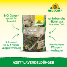 Azet LavendelDünger aus dem Neudorff Shop ist in der Mitte abgebildet. Der grüne Text hebt die Bioformel, die lang anhaltende Wirkung, den intensiven Duft, die leuchtend blau-violetten Blüten und den verbesserten Wuchs für trockenheitstolerante Sträucher hervor.