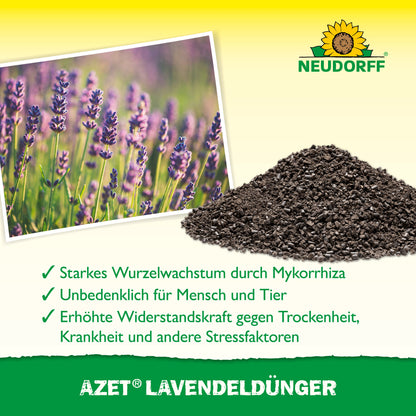 Azet LavendelDünger von Neudorff Shop liegt als Granulat neben Lavendel mit blau-lila Blüten. Deutscher Text hebt die Vorteile hervor, oben rechts ist das Neudorff-Sonnenblumen-Logo zu sehen.
