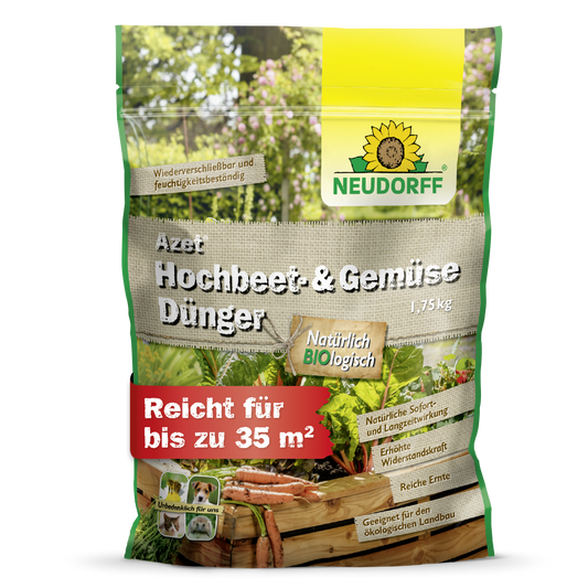Ein 1,75-kg-Sack Neudorff Shop Azet Hochbeet- & GemüseDünger steht aufrecht in einer grün-beigen Verpackung mit Gemüse, einem Hochbeet und einem Text, der auf die Verwendung für Gemüse und Kräuter und seine Bio-Qualitäten hinweist.