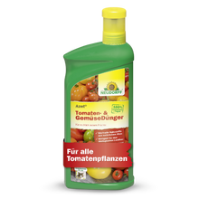 Eine grüne Flasche Neudorff Shop Azet Tomaten- & GemüseDünger flüssig, ein Flüssigdünger perfekt für Tomaten und Balkongemüse. Auf dem Etikett sind Tomaten, Gemüse und ein roter Schriftzug abgebildet: "Für alle Tomatenpflanzen.