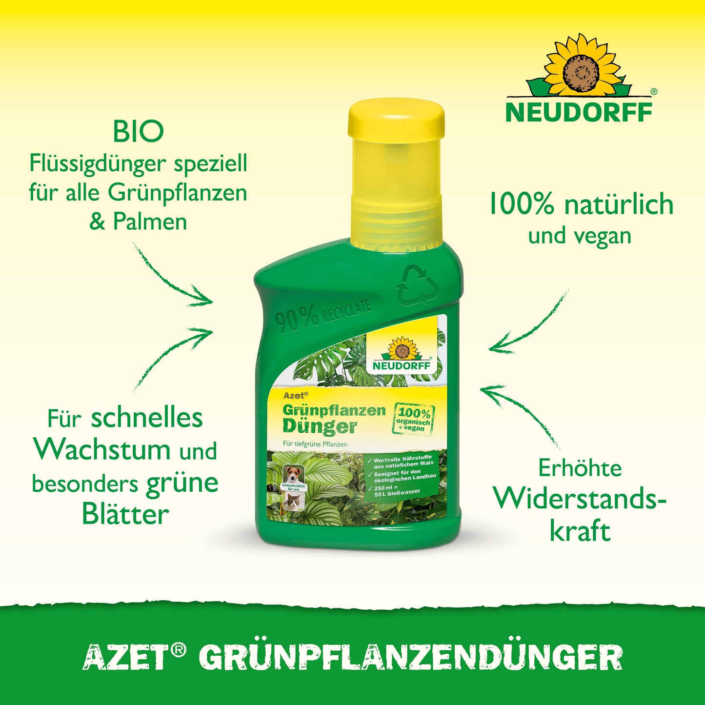 Eine grüne Flasche Neudorff Shop Azet GrünpflanzenDünger flüssig mit einer gelben Kappe, auf der ein deutscher Text über die organischen Nährstoffe für Zimmerpflanzen steht, die ein schnelles Wachstum, leuchtend grüne Blätter und eine stärkere Widerstandskraft fördern.