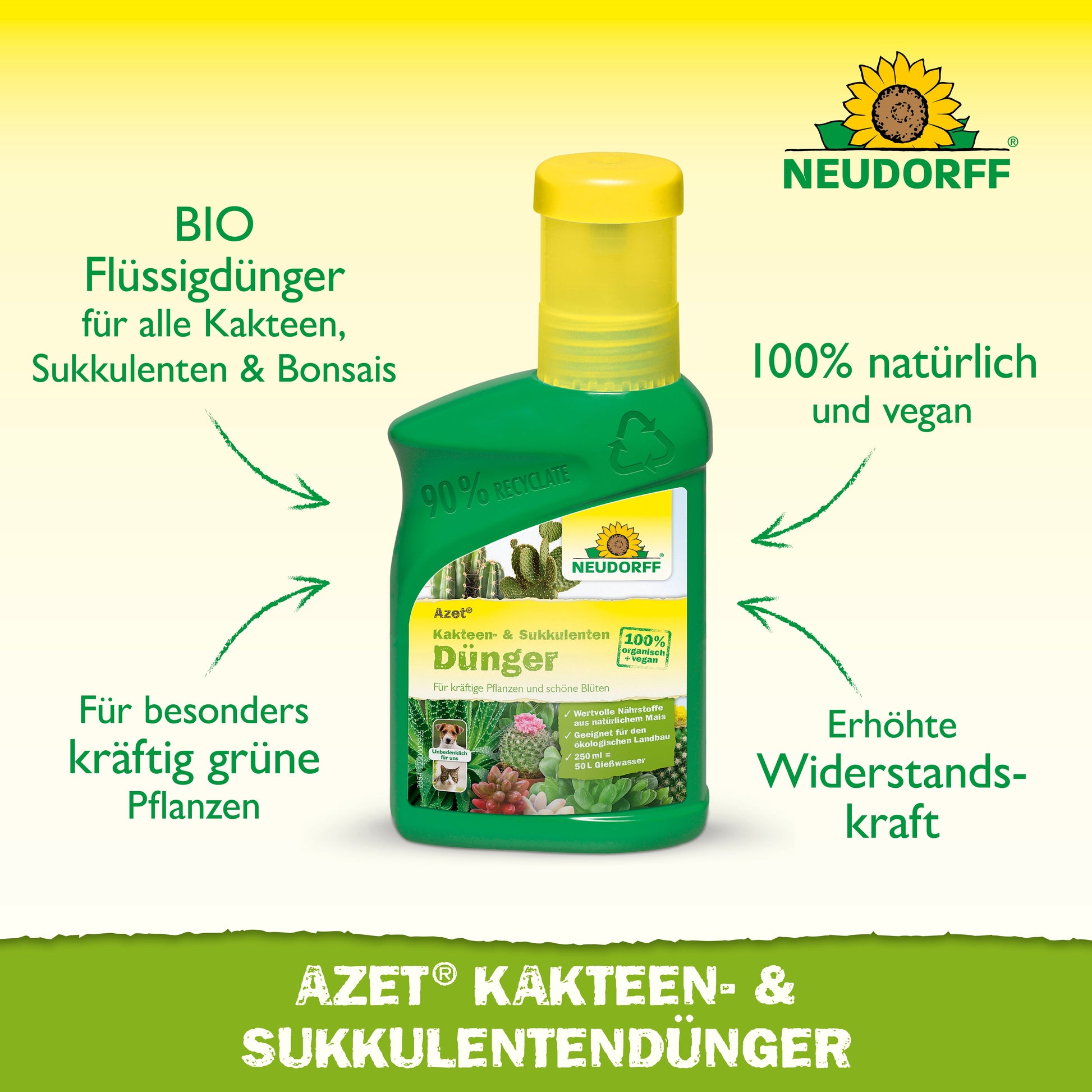 Eine grüne Flasche Neudorff Shop Azet Kakteen- & SukkulentenDünger flüssig mit einer gelben Kappe, die als biologisch, natürlich und vegan gekennzeichnet ist, sowie einem Text, der die Vorteile der Pflanzengesundheit anpreist.
