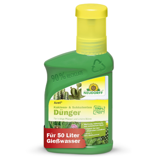 Eine grüne Plastikflasche von Neudorff Shop Azet Kakteen- & SukkulentenDünger flüssig zeigt Kakteenbilder, deutsche Produktinformationen und ein rotes Banner mit "Für 50 Liter Gießwasser" auf dem Etikett.
