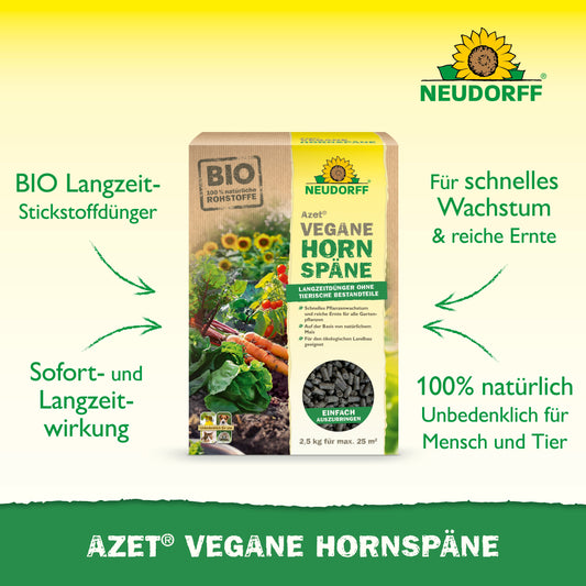 Azet Vegane Hornspäne von Neudorff Shop ist auf grünem Hintergrund abgebildet, mit einem Text, der die biologischen, veganen, lang wirkenden und 100% natürlichen Eigenschaften für ein sicheres Pflanzenwachstum bewirbt.