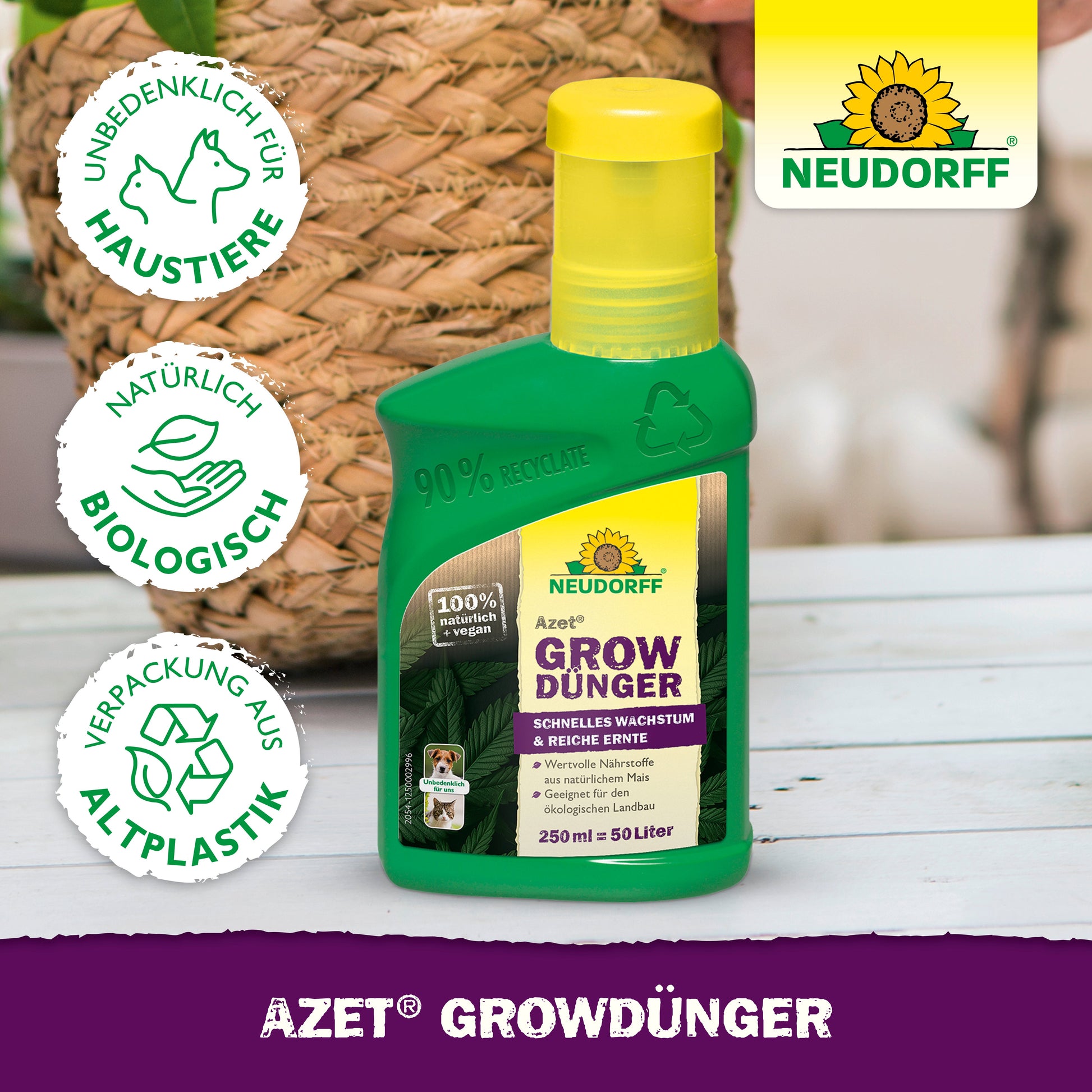 Eine grüne Flasche Azet GrowDünger von Neudorff Shop ruht auf einer weißen Holzoberfläche, auf der Symbole für Umwelt- und Tierschutz abgebildet sind. Das Etikett wirbt für natürliche, biologische Inhaltsstoffe und eine Verpackung aus recyceltem Kunststoff.