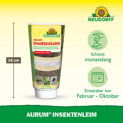 Egy 16 cm-es tubus Neudorff Shop Aurum InsektenLeim van ábrázolva. A csomagolás kiemeli a gyümölcsfák hosszú távú védelmét a kártevőktől, mint például a fagyöngy és a hangyák, amely februártól októberig alkalmazható, zöld szimbólumokkal jelölve a hatékonyságot.