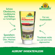 Egy tubus Aurum InsektenLeim a Neudorff Shopból áll függőlegesen, és német szöveget tartalmaz a gyümölcsfák hangyáktól és téli molylepkéktől való védelméről. A zöld-sárga háttéren felül látható a Neudorff logó.