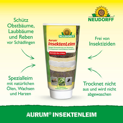 Egy tubus Aurum InsektenLeim a Neudorff Shopból áll függőlegesen, és német szöveget tartalmaz a gyümölcsfák hangyáktól és téli molylepkéktől való védelméről. A zöld-sárga háttéren felül látható a Neudorff logó.