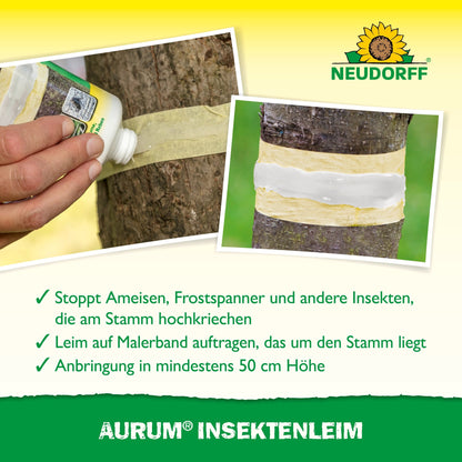Egy személy Aurum InsektenLeim-et a Neudorff Shopból egy szalaggal egy fatörzs köré helyez, és ragasztószalaggal tekeri körbe, hogy megvédje a gyümölcsfákat a fagyöngy nőstényektől és hangyáktól. A képen német szöveg és a Neudorff logó látható a felső részen.