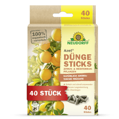 Azet műtrágyapálcikák citrus- és mediterrán növényekhez a Neudorff boltból organikus műtrágyapálcikák citrus- és mediterrán cserepekhez, ideálisak erkélyre és teraszra. A doboz citromokat mutat és 40 szürke pálcikát tartalmaz.