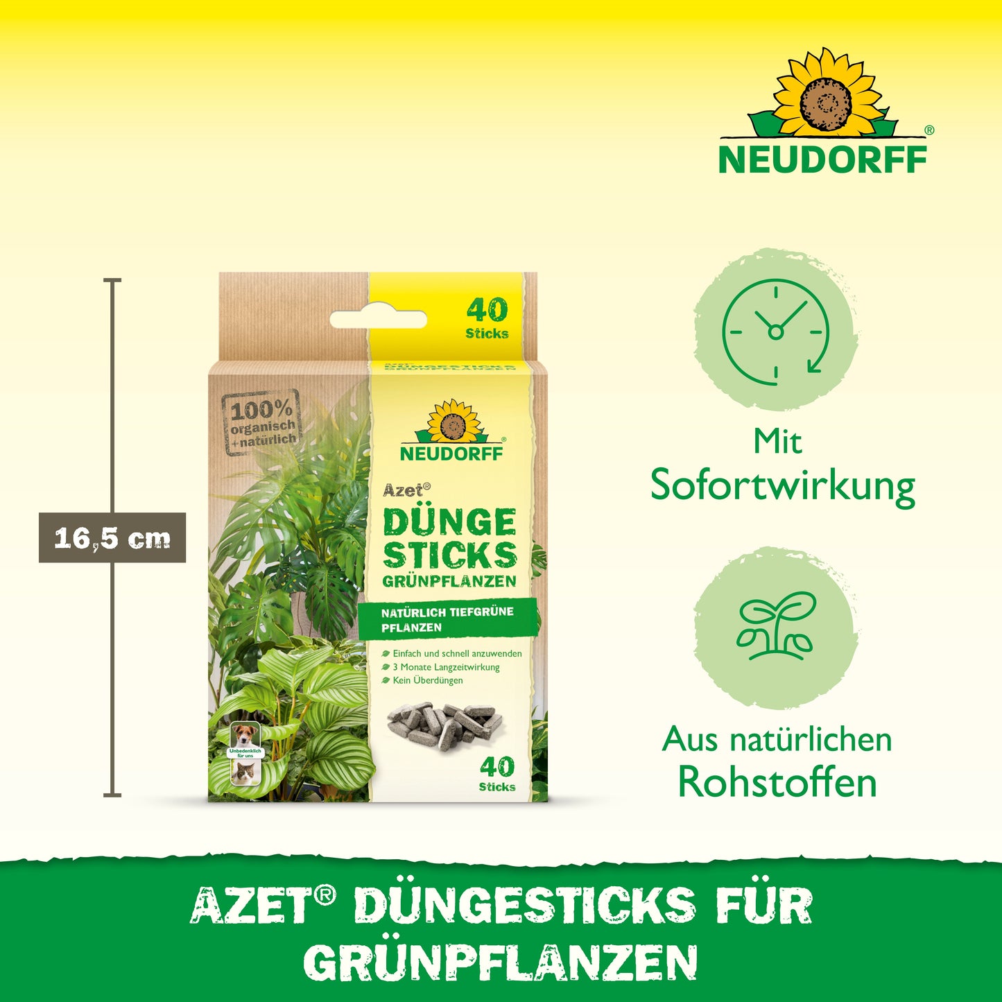 Die Abbildung zeigt eine Neudorff Shop Azet Düngesticks für Grünpflanzen Box mit 40 Düngesticks (16,5 cm Höhe), die sich durch Sofortwirkung, natürliche Rohstoffe und ein praktisches Nährstoffdepot für Grünpflanzen auszeichnet.