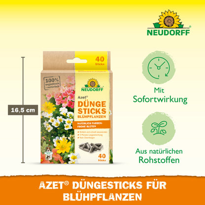 Eine Pappschachtel mit Neudorff Shop Azet Düngesticks für Blühpflanzen (40 Sticks) ist neben einem 16,5 cm langen Lineal abgebildet. Die Verpackung hebt die Sofortwirkung und die natürlichen Inhaltsstoffe für Blühpflanzen hervor.