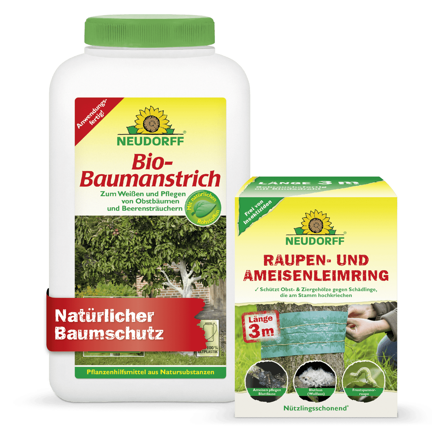 A Neudorff Shop fa védő készlete a jellegzetes zöld-sárga márkajelzéssel tűnik ki. Mind a Bio-Baumanstrich palackon, mind a hernyó- és hangya ragasztógyűrű dobozán fa motívumok találhatók, amelyeket zöld ragasztószalaggal láttak el a fák védelme érdekében.