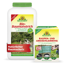 Das Neudorff Shop Baumschutz-Set zeichnet sich durch das charakteristische grün-gelbe Branding aus. Sowohl auf der Bio-Baumanstrich-Flasche als auch auf der Raupen- und AmeisenLeimring-Dose befinden sich Baummotive, die mit einem grünen Klebeband zum Schutz der Bäume versehen sind.