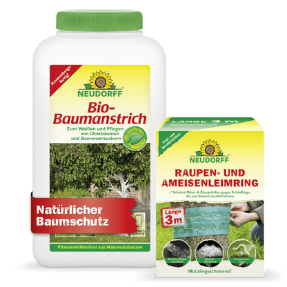 A Neudorff Shop fa védő készlete a jellegzetes zöld-sárga márkajelzéssel tűnik ki. Mind a Bio-Baumanstrich palackon, mind a hernyó- és hangya ragasztógyűrű dobozán fa motívumok találhatók, amelyeket zöld ragasztószalaggal láttak el a fák védelme érdekében.