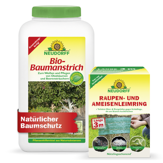 Das Neudorff Shop Baumschutz-Set zeichnet sich durch das charakteristische grün-gelbe Branding aus. Sowohl auf der Bio-Baumanstrich-Flasche als auch auf der Raupen- und AmeisenLeimring-Dose befinden sich Baummotive, die mit einem grünen Klebeband zum Schutz der Bäume versehen sind.