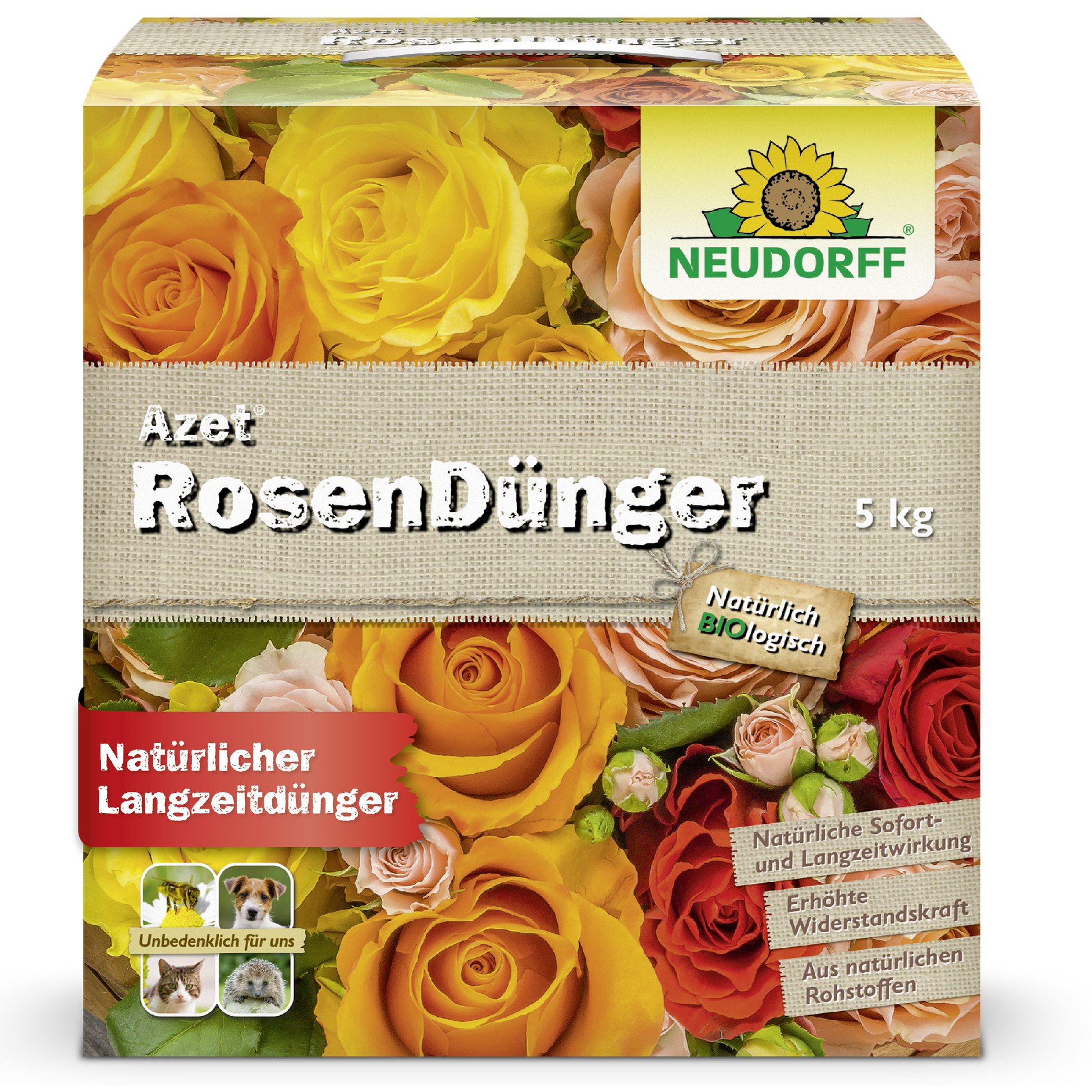 Eine 5 kg Kiste Neudorff Shop Azet RosenDünger zeigt Bilder von gelb, orange und rot blühenden Rosen. Natürlich und organisch, bietet es langfristige Nahrung für Ihre Rosen.