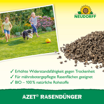 Egy fotó két gyerekről és egy kutyáról, akik fociznak a dús gyepen, egy Neudorff Shop Azet gyeptrágya 2,5 kg-tól 5 kg-ig terjedő zsák mellett. A szöveg kiemeli a sűrű gyepszőnyeg előnyeit; a Neudorff logó a jobb felső sarokban jelenik meg.