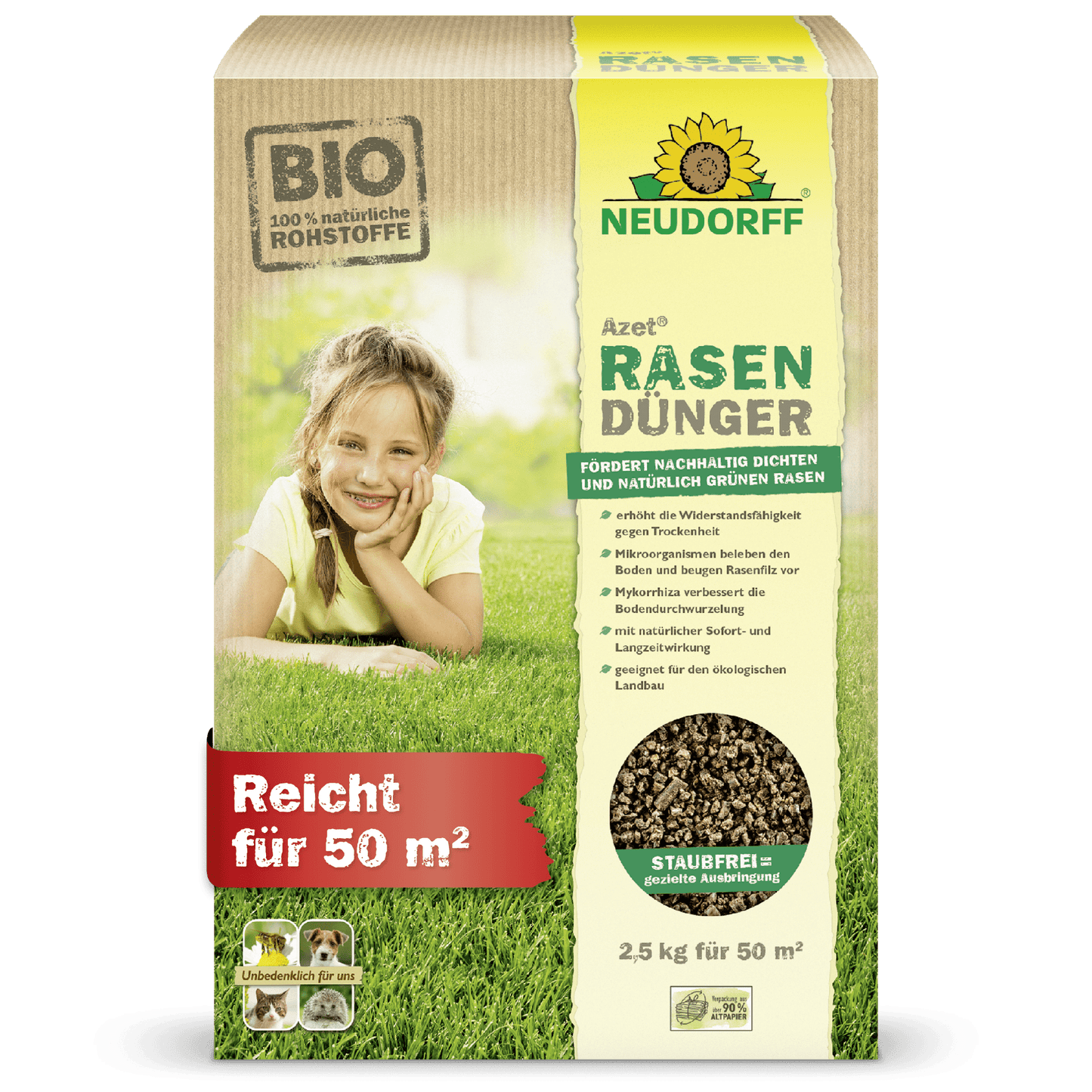 Egy téglalap alakú Neudorff Shop Azet gyeptrágya doboz (2,5-5 kg) egy mosolygó gyerek fotóját mutatja, aki sűrű fűben fekszik. A csomagolás kiemeli a bio összetevőket és az akár 50 négyzetméteres hatótávolságot.