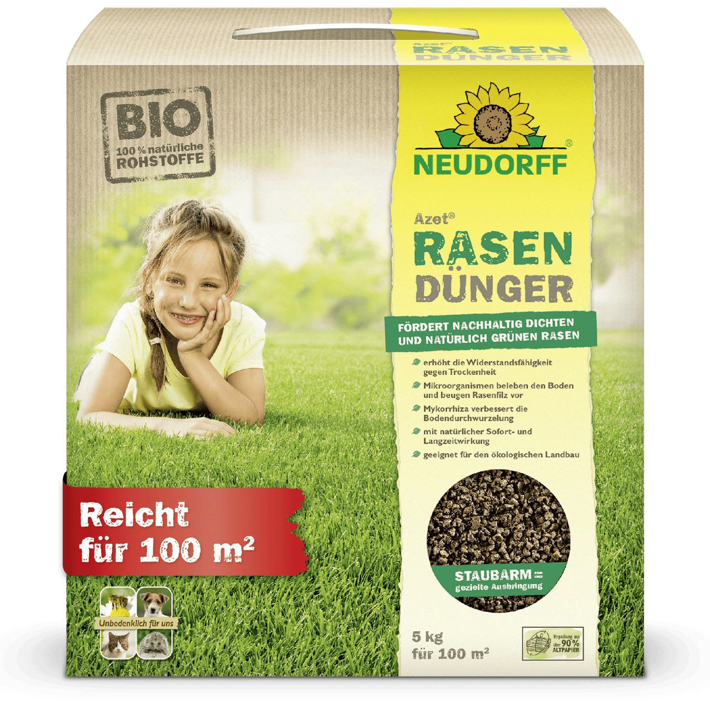 Neudorff Shop Azet gyeptrágya (2,5-5 kg): Organikus gyeptrágya piros címkével "100 m²-re elegendő", ideális a sűrű gyephez és kiegyensúlyozott táplálkozáshoz. A csomagoláson: gyerek a füvön.