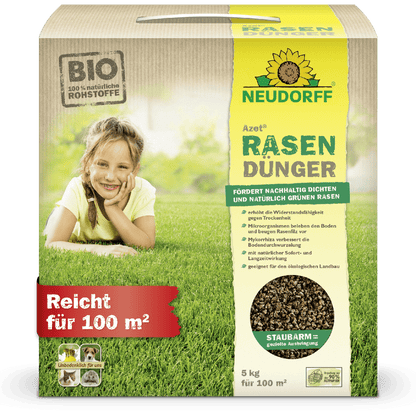 Neudorff Shop Azet gyeptrágya (2,5-5 kg): Organikus gyeptrágya piros címkével "100 m²-re elegendő", ideális a sűrű gyephez és kiegyensúlyozott táplálkozáshoz. A csomagoláson: gyerek a füvön.
