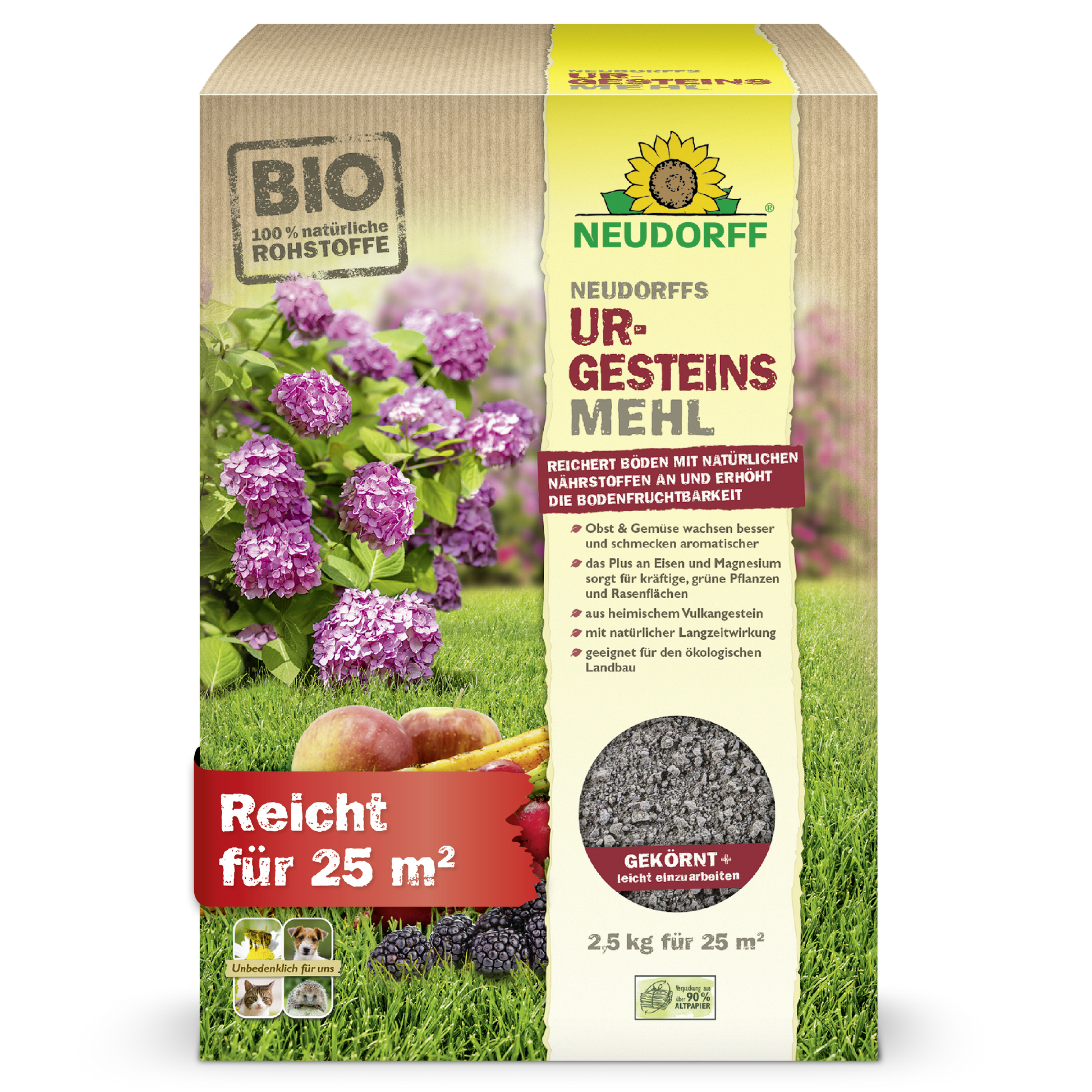 Eine Kiste mit Neudorffs UrgesteinsMehl aus dem Neudorff Shop steht aufrecht und zeigt Bilder von Hortensien, Äpfeln und Gras. Die 2,5 kg-Packung reicht für 25 m² und soll die Bodenfruchtbarkeit verbessern.