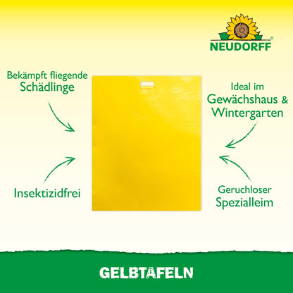 A Neudorff Shop sárgalapok (nagy méretű) ragasztócsapda rovarirtómentesen küzd a növényi kártevők ellen, ideális üvegházakhoz és télikertekhez, szagmentes speciális ragasztót használ, és felül a Neudorff logót viseli.
